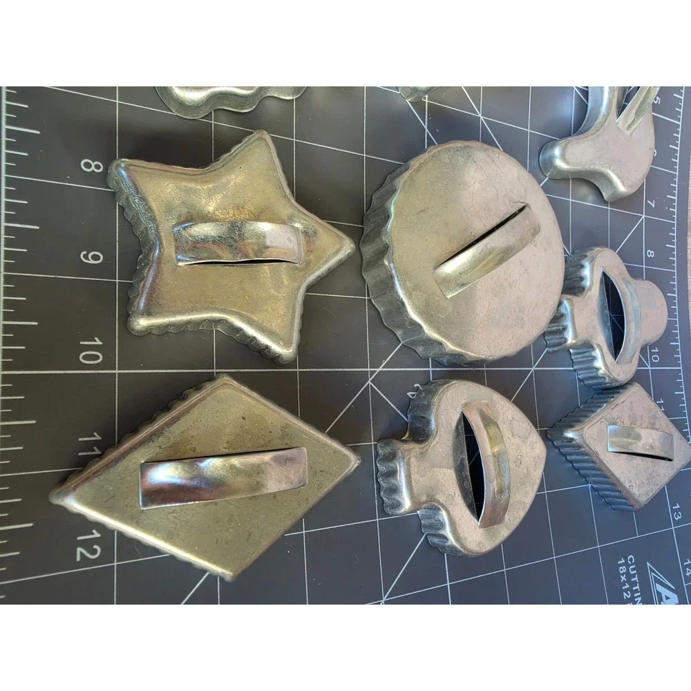 Vintage Aluminum Cookie Cutter Set 10pc Holiday Shapes Horse Tree Star Handles